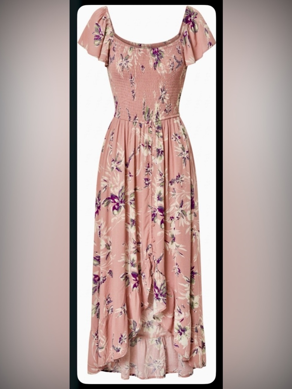 Floral Smocked Off Shoulder Nap Dress Button Down - Dusty Rose/Floral Print - XL